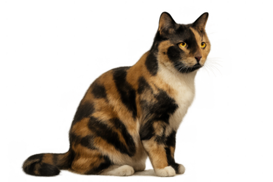 Calico cat sitting, looking right, domestic feline animal with tortoiseshell and white fur, transparent background