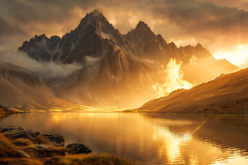 Majestic mountains glowing in golden light at sunset, lake reflection and dramatic sky, breathtaking natural landscape.