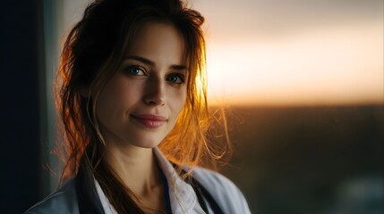Fototapeta premium A professional woman with a gentle smile illuminated by warm sunset light wearing a white coat and stethoscope