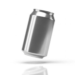 Clean 3D render of a generic silver aluminum soda can floating over a reflective white surface, ideal for beverage packaging mockups