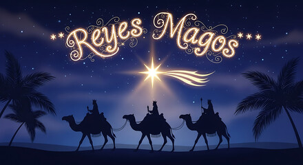 Three kings riding camels following the star of bethlehem on reyes magos night, celebrating the epiphany with palm trees and starry sky