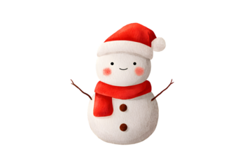 Cute plush snowman wearing a santa hat and red scarf