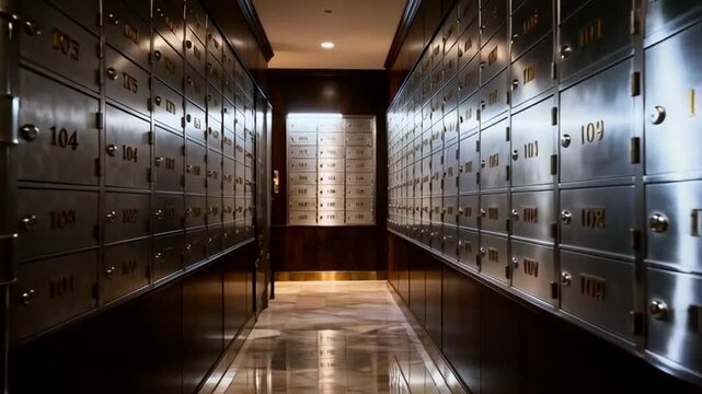 A mysterious hallway of a bank vault featuring numbered safe boxes and a reflective wet floor, evoking themes of protection, privacy, and riches, perfect for day of banks