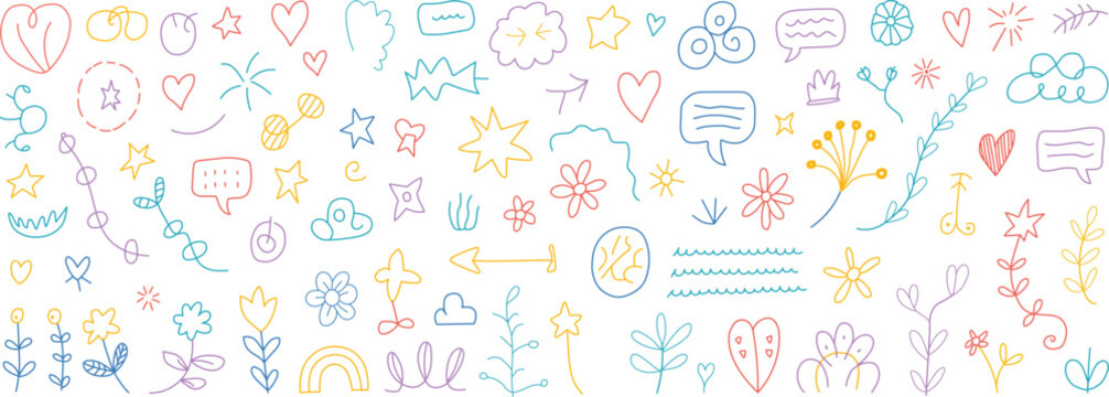 Naklejki Cute element set with a line icon. Decorative arrow, cloud, crown, glitter, and flower doodle line color icons. Kids' cartoon ribbon, a comical outline, a hand-drawn heart, and a sketchy figure.