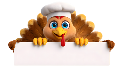 Chef turkey holding a blank sign for thanksgiving messages