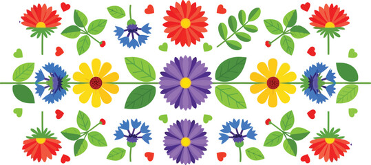Obraz premium Vibrant folk art floral border with red yellow blue purple flowers and green leaves