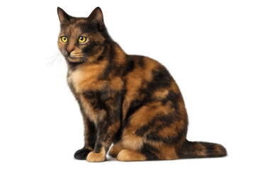 Obraz premium Tortoiseshell cat sitting, looking away with yellow eyes, pet animal on transparent background