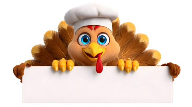 Chef turkey holding a blank sign for thanksgiving messages