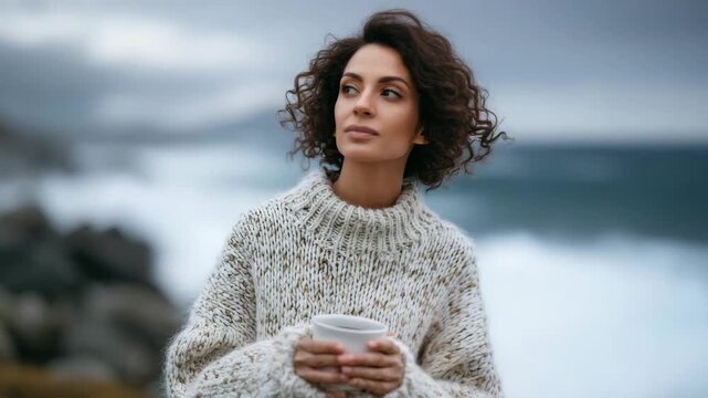 372Woman in thick white knitted sweater holding steaming mug, standing on rocky shoreline, cold wind blowing, gray ocean waves crashing in background