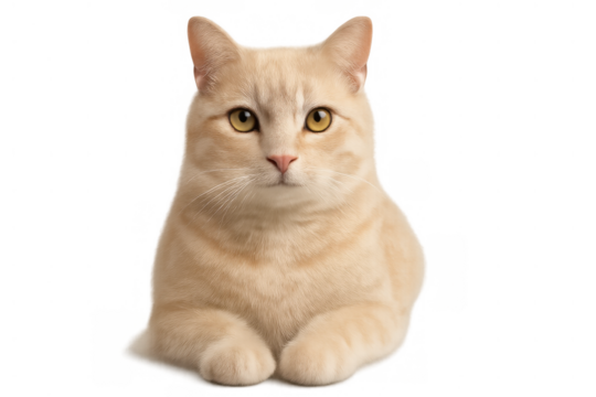 Domestic cat with ginger cream fur and yellow eyes looking directly at the camera, cute pet on transparent background