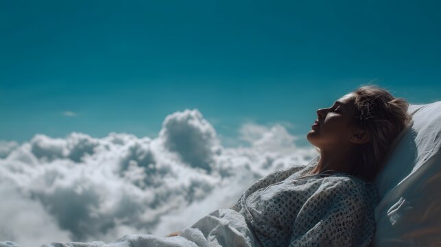Serene woman resting in a bed suspended above clouds bathed in sunlight against a vast blue sky symbolizing hope and peace