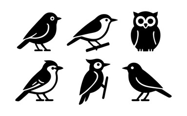 Silhouette bird icons featuring owl, sparrow, and woodpecker variations