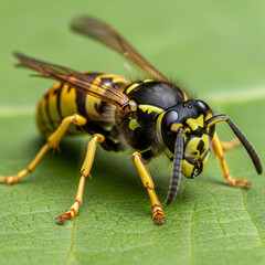 Close-up of a European wasp on a green leaf, insect macro photography