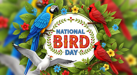 Celebrate national bird day with a vibrant illustration showcasing a diverse array of birds, symbolizing the beauty and importance of avian life