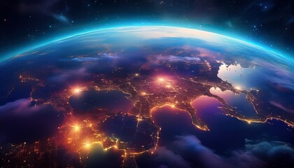 Fototapeta premium panoramic view on planet earth globe from space glowing city lights light clouds generative ai