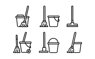 Minimalist cleaning tools set with mop and bucket icons in line art style