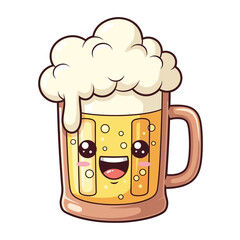 A cute cartoon illustration of a mug of beer with a happy face and frothy head. © tham