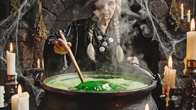 Old witch stirring a potion in a cauldron surrounded by candles