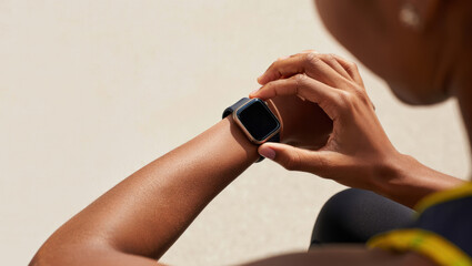 Woman checking smartwatch on her wrist, highlighting fitness and technology