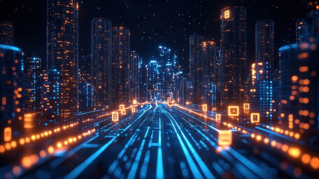 Futuristic city glowing with digital lines