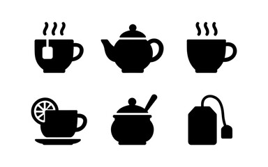 Tea time essentials: minimalist silhouette icons of cups, teapots, and bags