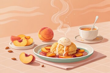 A steaming peach cobbler dessert with ice cream on a table