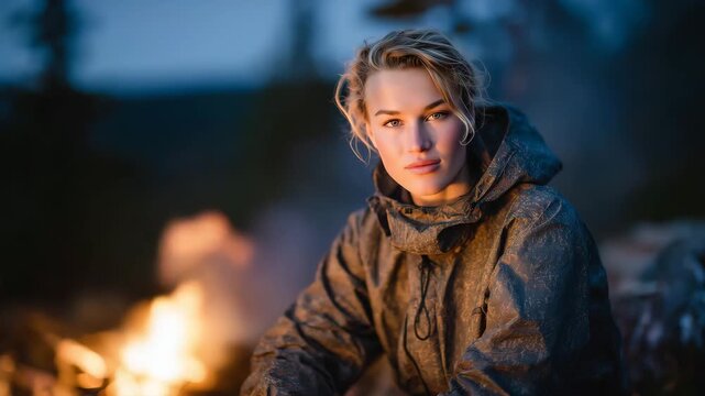 Close-up of woman&rsquo;s face illuminated by flickering campfire, dark forest behind fading into dusk, sense of calm and reflection