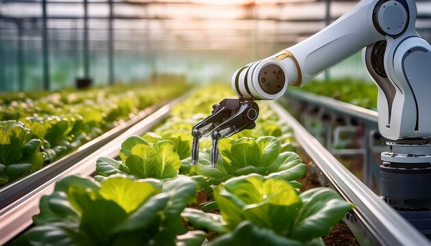 robotic arm harvesting lettuce in modern greenhouse symbolizing agricultural automation innovation and sustainable smart farming technology