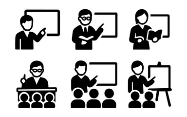 Silhouette icons of teachers and presentations with classrooms and lectures