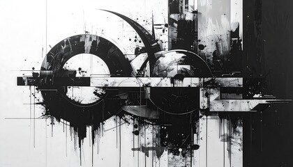 Monochrome abstract artwork with overlapping geometric shapes. Splatter and brushstrokes add texture to a stark contrast of black and white