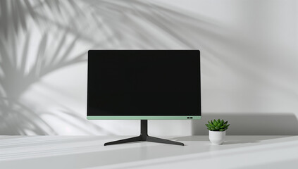 Fototapeta premium Sleek Monitor with Minimalist Shadow and Plant Decor
