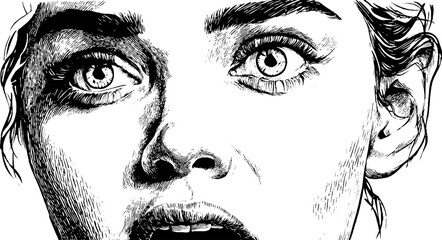 Fototapeta premium Dramatic expression of fear with wide eyes and parted lips, hand drawn art for posters and prints