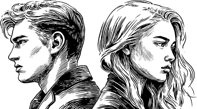 Engraving of two silhouettes standing back to back - concept of symbolism and duality