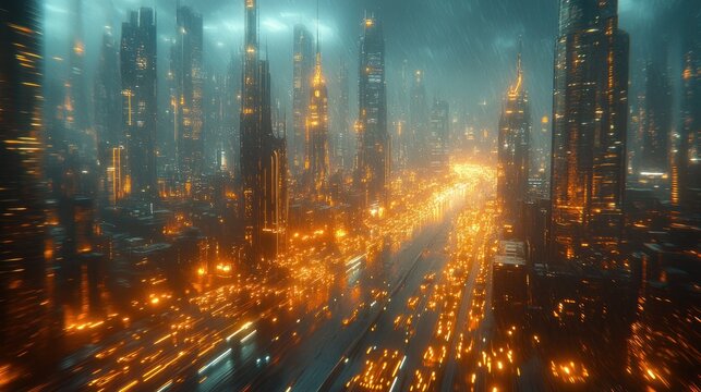 Futuristic city skyline, vibrant orange lights, stormy clouds