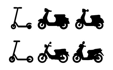 Silhouette set of scooters and motorbikes in black and white for urban design projects