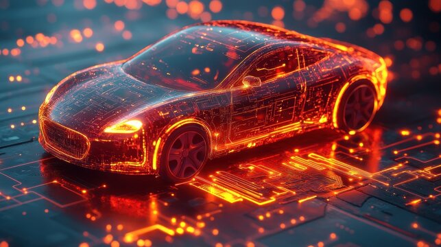 Futuristic electric car on glowing circuit board