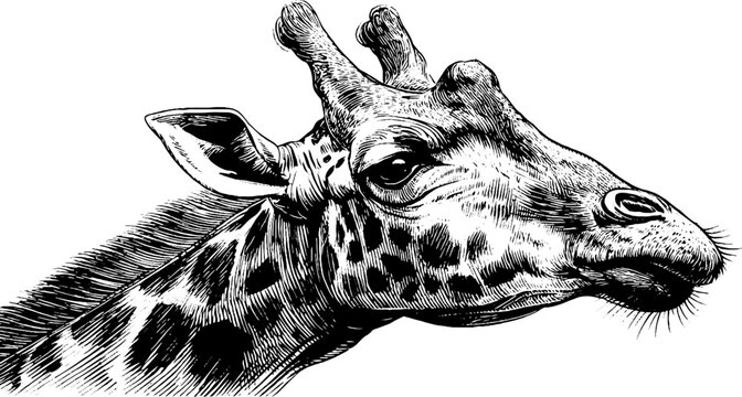 Vintage giraffe head and neck in engraving style silhouette for retro designs