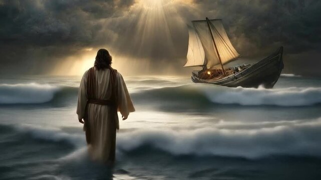 Jesus walking on water biblical religious theme. 