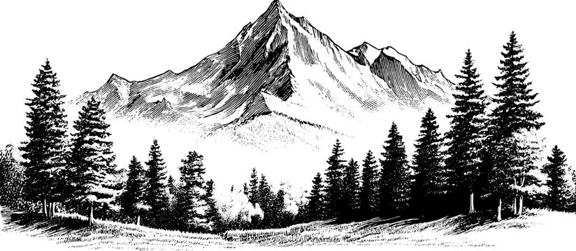 Vintage mountain landscape with pine trees and halftone texture, hand-drawn design for print
