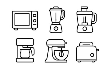 Modern kitchen appliances outline set: blender, toaster, mixer, coffee maker, food processor, microwave