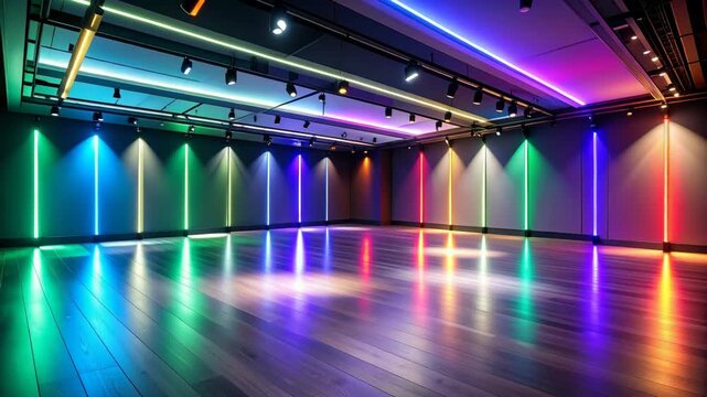 Modern studio interior featuring dark walls illuminated by vibrant vertical neon lights and gleaming hardwood floor with colorful reflections