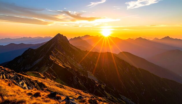 Majestic mountaintop at dawn, bathed in golden sunlight. Dramatic silhouette of jagged peaks dominates the landscape. Soft hues of orange and yellow blanket the sky