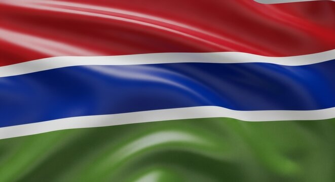 Gambias national flag waving gracefully in the wind with a symbol of pride. - Powered by Adobe