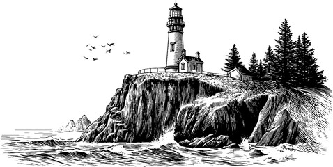 Fototapeta premium Lighthouse on rocky cliff with ocean waves in vintage engraving style for nautical theme design