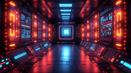 Futuristic server room with glowing panels and central chip