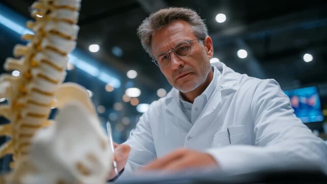 Doctor with pen angled toward cervical vertebrae on teaching skeleton, close-up view, medical equipment and soft lighting framing the scene
