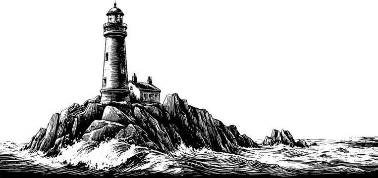 Majestic lighthouse on cliff with ocean waves in vintage engraving style for nautical design