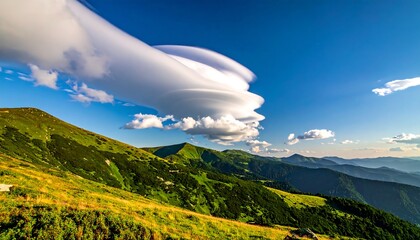 Majestic landscape featuring rolling green hills under a vibrant blue sky with a unique lenticular cloud formation