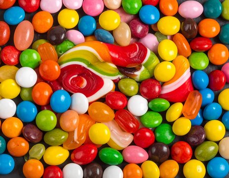 Overhead shot of a vibrant candy assortment, including lollipops and various shaped treats. A rainbow swirl candy dominates