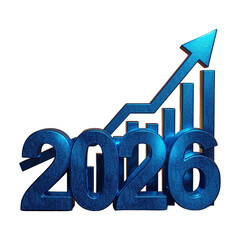 Futuristic 3D blue metallic 2026 numbers with upward arrow and bar chart symbolizing growth, success, innovation, and positive business trends for the new year 2026.